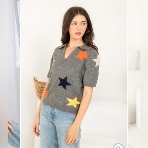 THML Star Print Short Sleeve Knit Polo Sweater - Grey Multi